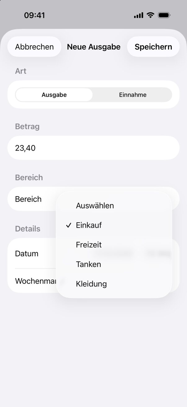 Bereich für die Buchung auswählen